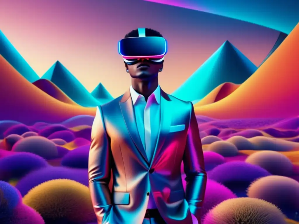 Moda masculina realidad virtual - Modelo con auriculares VR y ropa fusión virtual y real, en vibrante paisaje digital