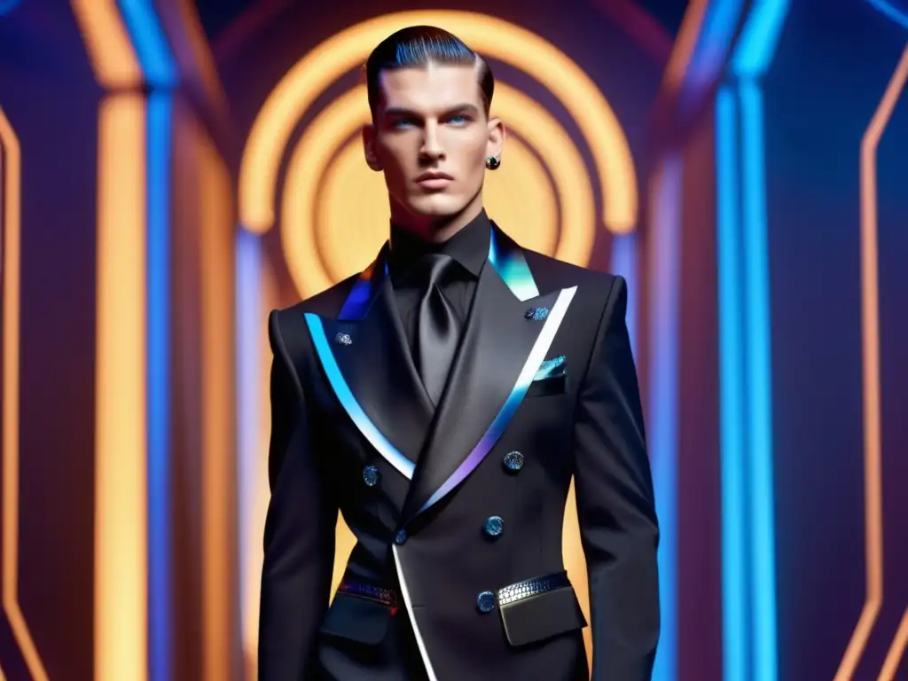 Modelo masculino con traje negro de Jean Paul Gaultier, rodeado de proyecciones holográficas de icónicas prendas de moda