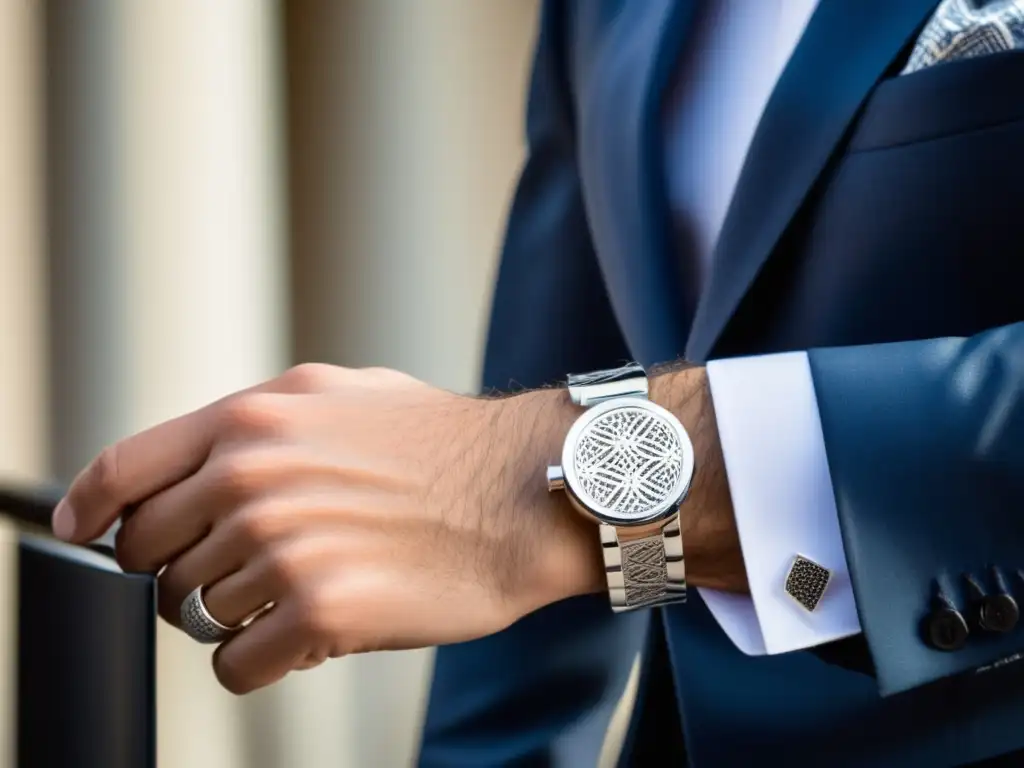 Gemelos plata con patrones geométricos, elegancia y detalles en moda masculina