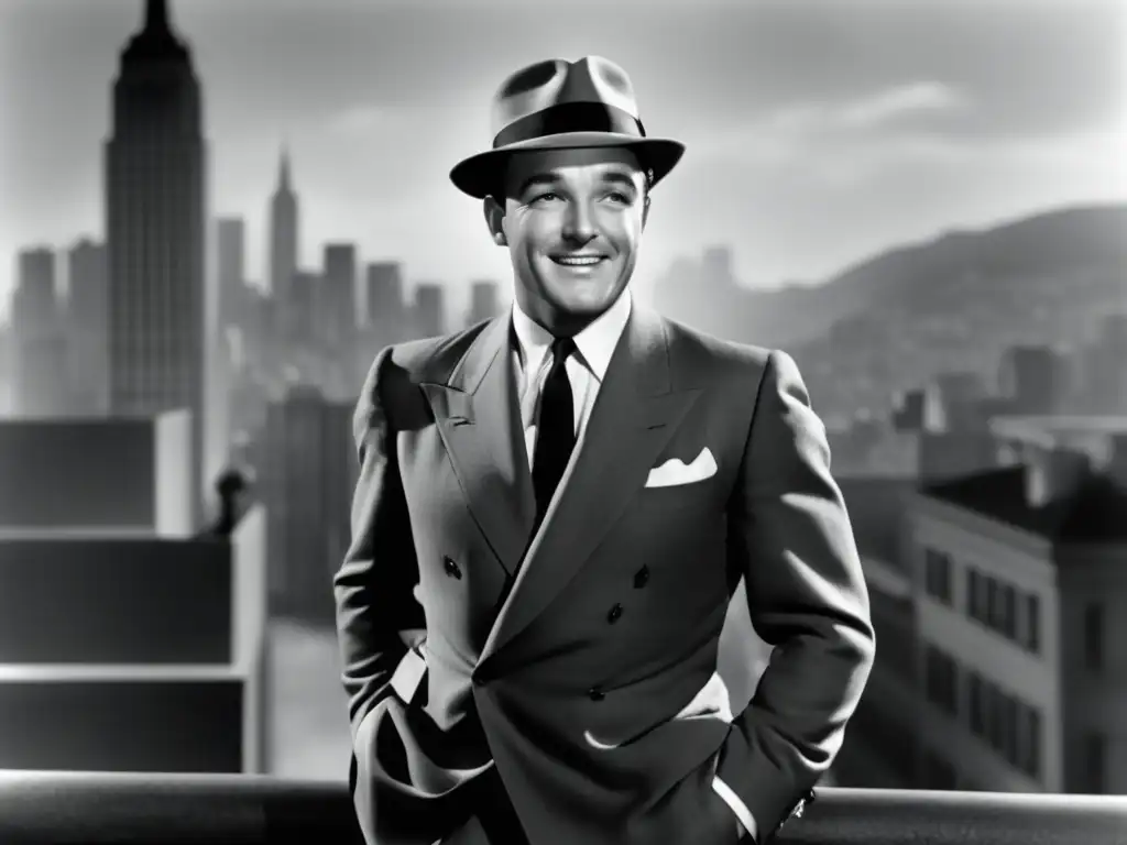 Estilo de Gene Kelly para hombres: Imagen en blanco y negro de Gene Kelly con traje elegante, mostrando su encanto y gracia en un momento de baile