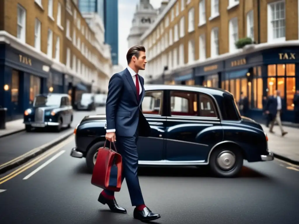 Hombre británico elegante en taxi negro - Tendencias moda masculina estilo británico