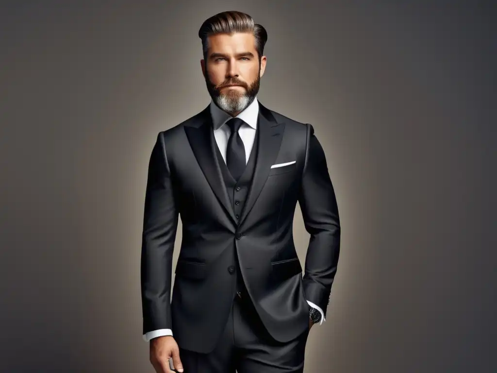 Un hombre elegante en traje negro, con estilo y encanto