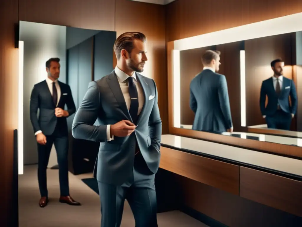 Hombre elegante descubriendo su estilo personal en un vestidor bien iluminado con accesorios y revistas de moda