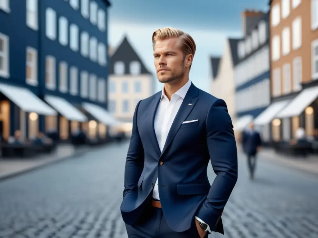 Hombre elegante muestra moda masculina estilo escandinavia en imagen 8k detallada de estilo urbano y minimalista