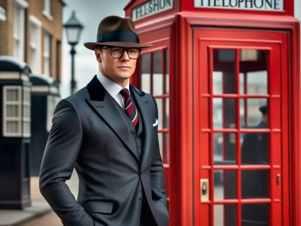 Hombre elegante en traje Kingsman negro, estilo británico con toque de nostalgia y detalles exquisitos