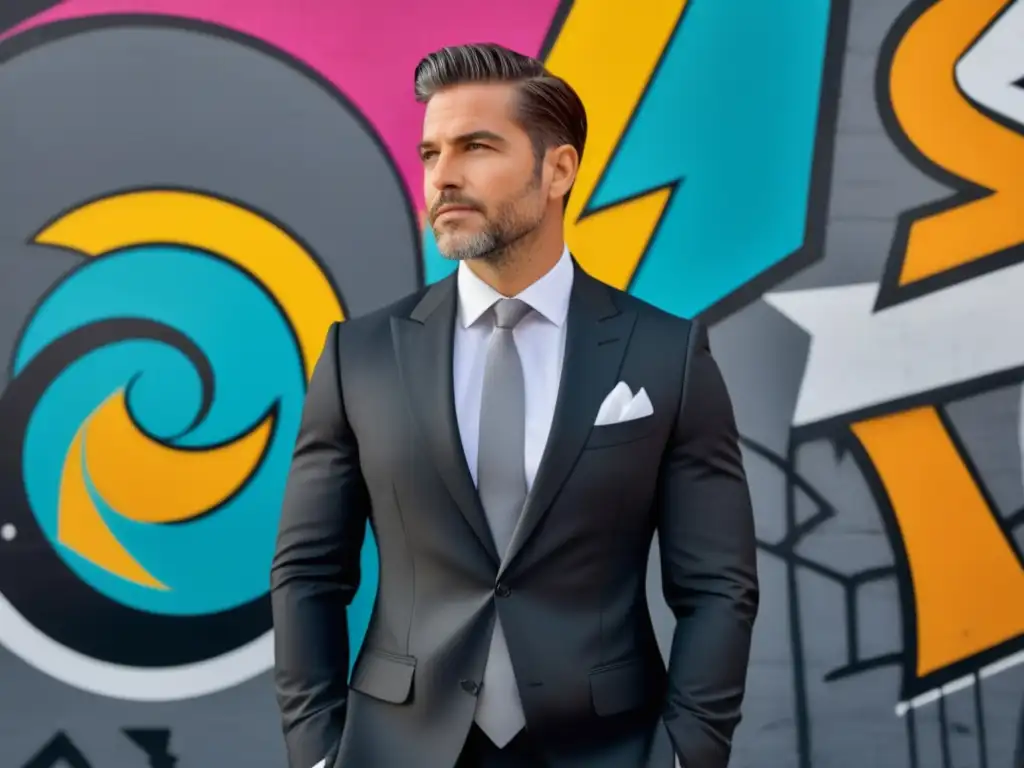 Impacto psicológico colores moda masculina: Hombre bien vestido frente a mural grafiti vibrante, fusionando elementos clásicos y contemporáneos