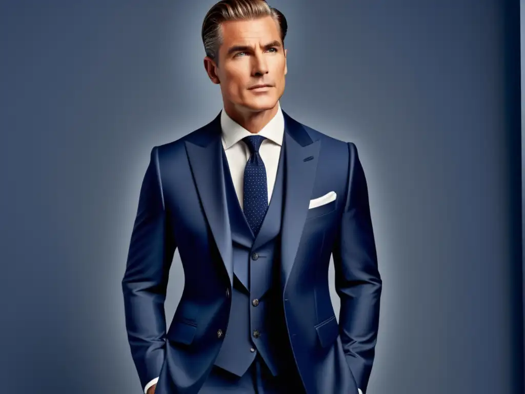 Tendencias moda masculina 2022: Elegante traje azul marino, camisa blanca, corbata burdeos y gris, detalle impecable