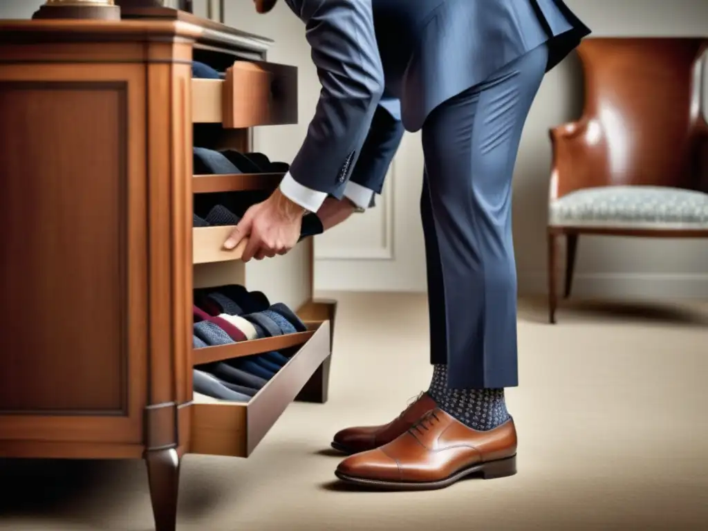 Hombre elegante elige calcetines de vestir para traje en habitación minimalista