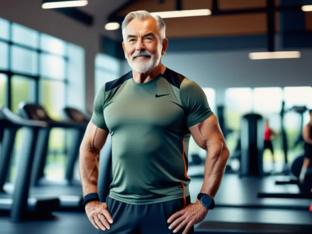 Hombre mayor de 60 años realizando actividades de ejercicio en un gimnasio bien equipado con profesionales capacitados