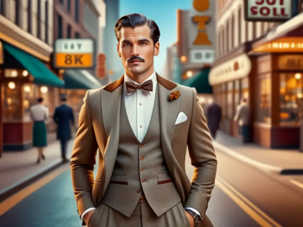 Moda masculina estilo vintage contemporáneo en ciudad con elegante caballero en traje marrón y accesorios clásicos