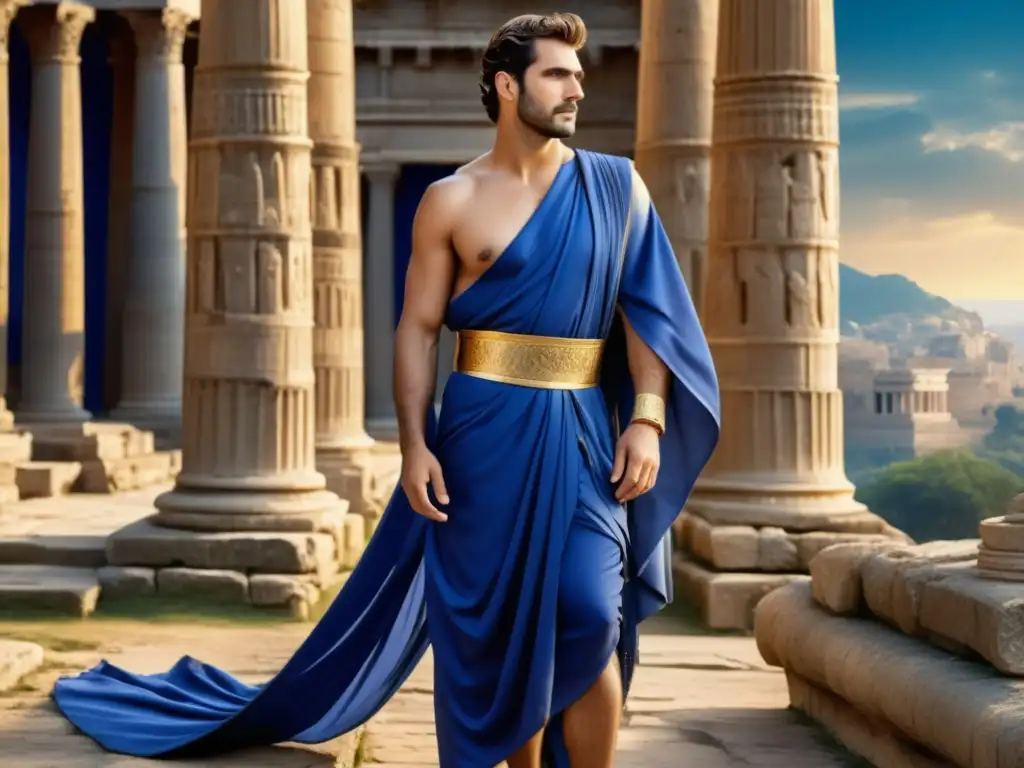 Evolución moda masculina alta costura: hombre elegante antiguo con toga azul, sandalias de cuero y bastón en ruinas antiguas