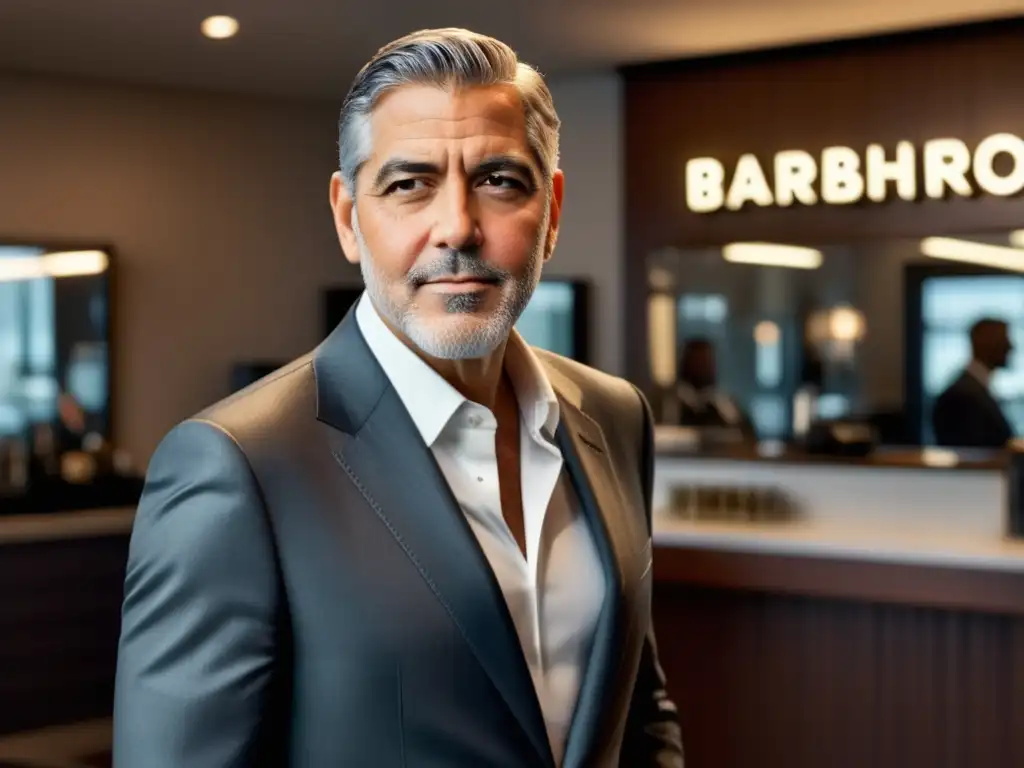 Estilo sofisticado de George Clooney en barbershop, su look icónico y productos de alta calidad para hombres