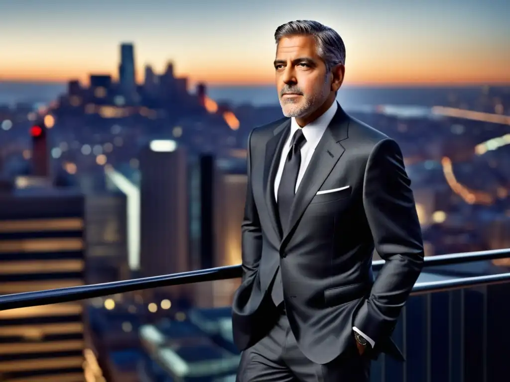 George Clooney en traje gris elegante y sofisticado, estilo sofisticado George Clooney moda