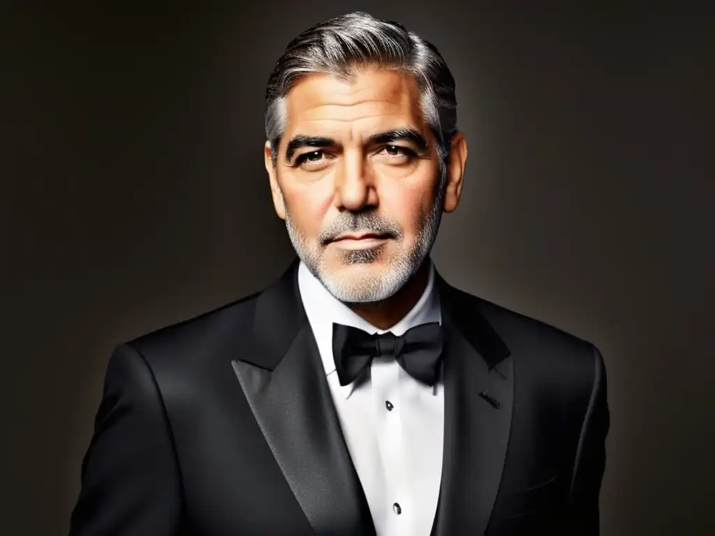 George Clooney en traje negro elegante y sofisticado, resalta su estilo con confianza y elegancia en un escenario minimalista