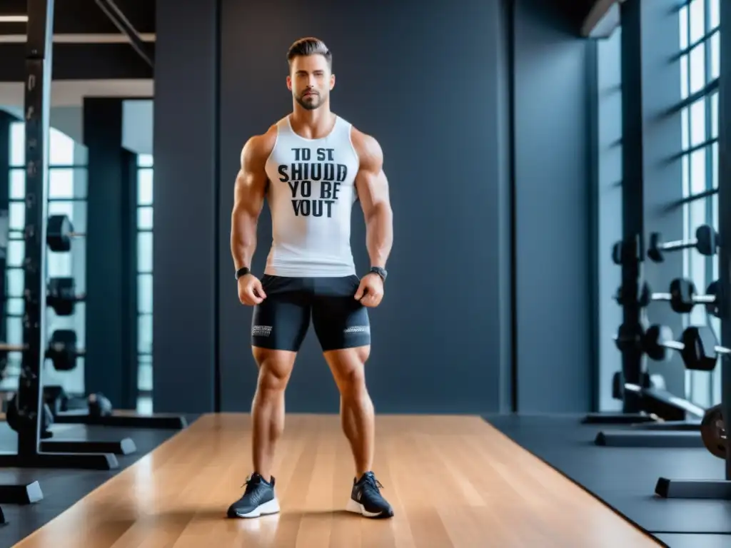 Outfit 1: Conjunto de activewear para hombres, destacando su fuerza y agilidad en un gimnasio moderno