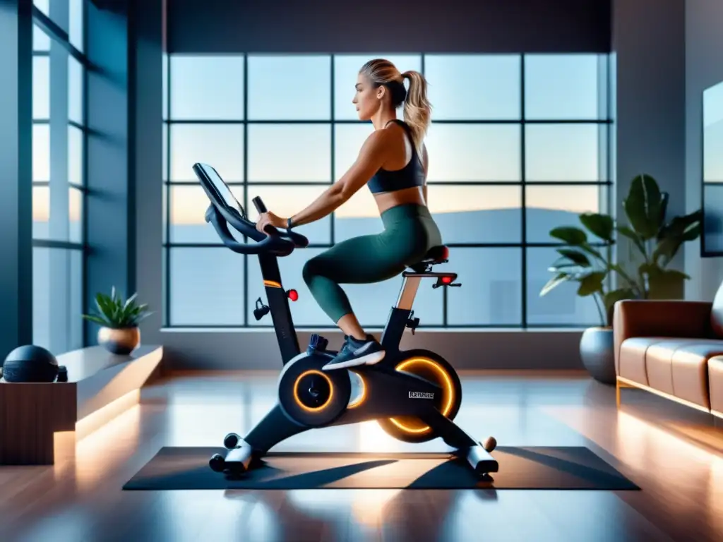 Gimnasio moderno con bicicleta de ejercicio, cintas y pesas