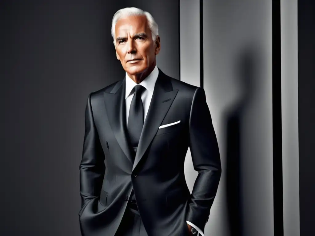 Elegancia masculina Giorgio Armani- Hombre elegante con traje a medida en tono gris, destacando la sofisticación y detalles de la moda masculina