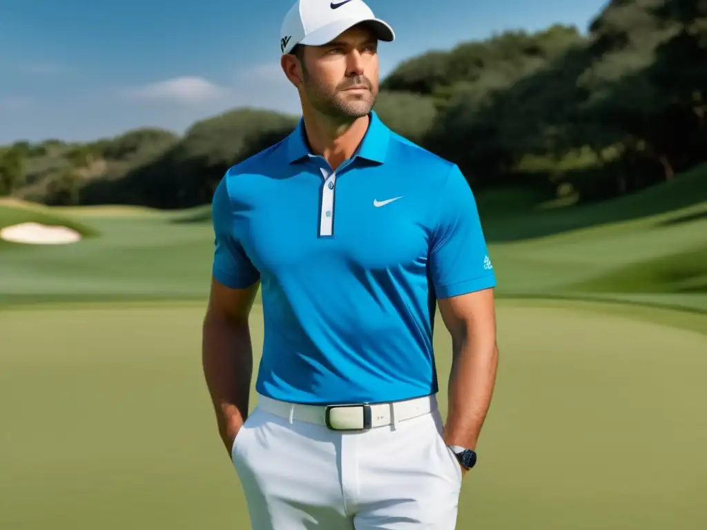 Ropa de golf para hombre elegante y funcional, outfit en 8k con polo azul, pantalones ajustados y sombrero moderno en campo de golf