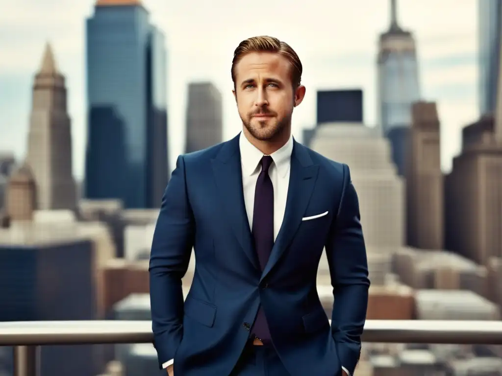 Ryan Gosling: Tendencias moda masculina en traje elegante frente a la ciudad