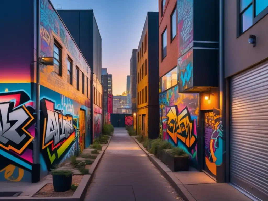 Estilo urbano para hombres modernos: imagen de callejón urbano grafiti al atardecer con artistas urbanos creativos