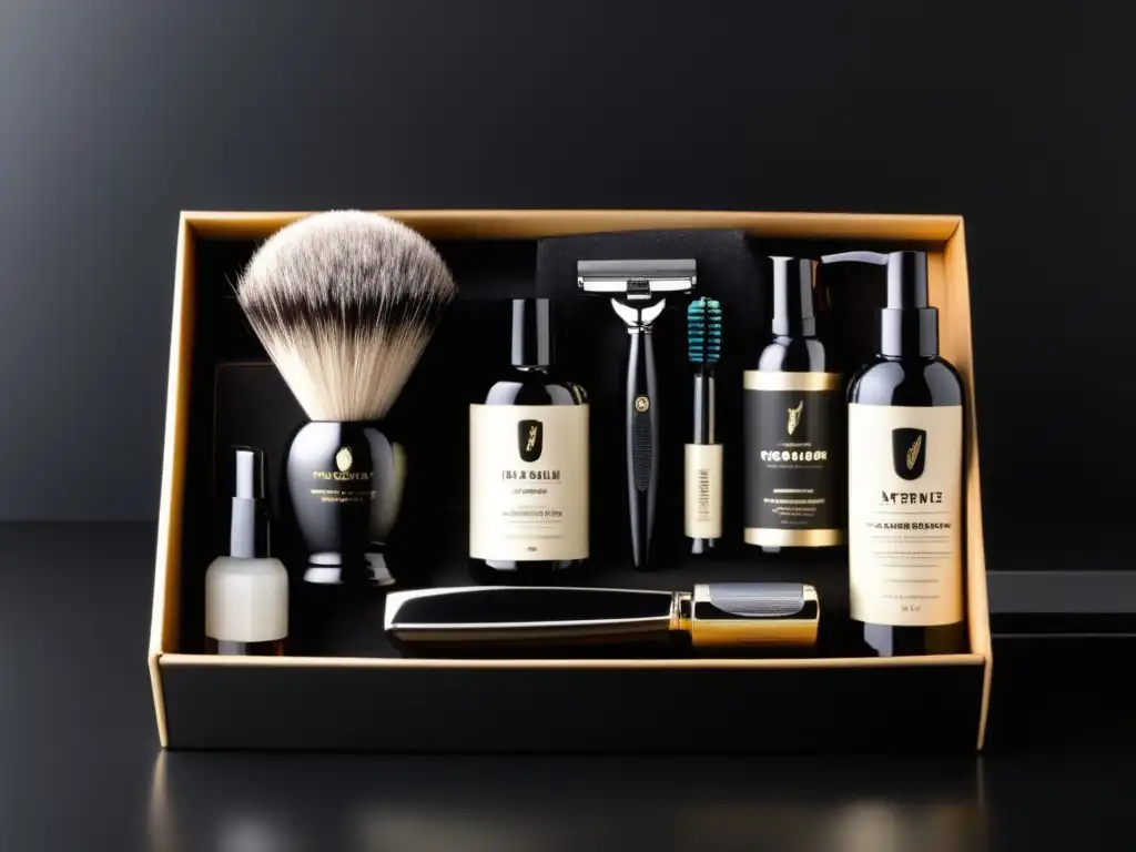 Kit de aseo masculino elegante y moderno en encimera negra minimalista