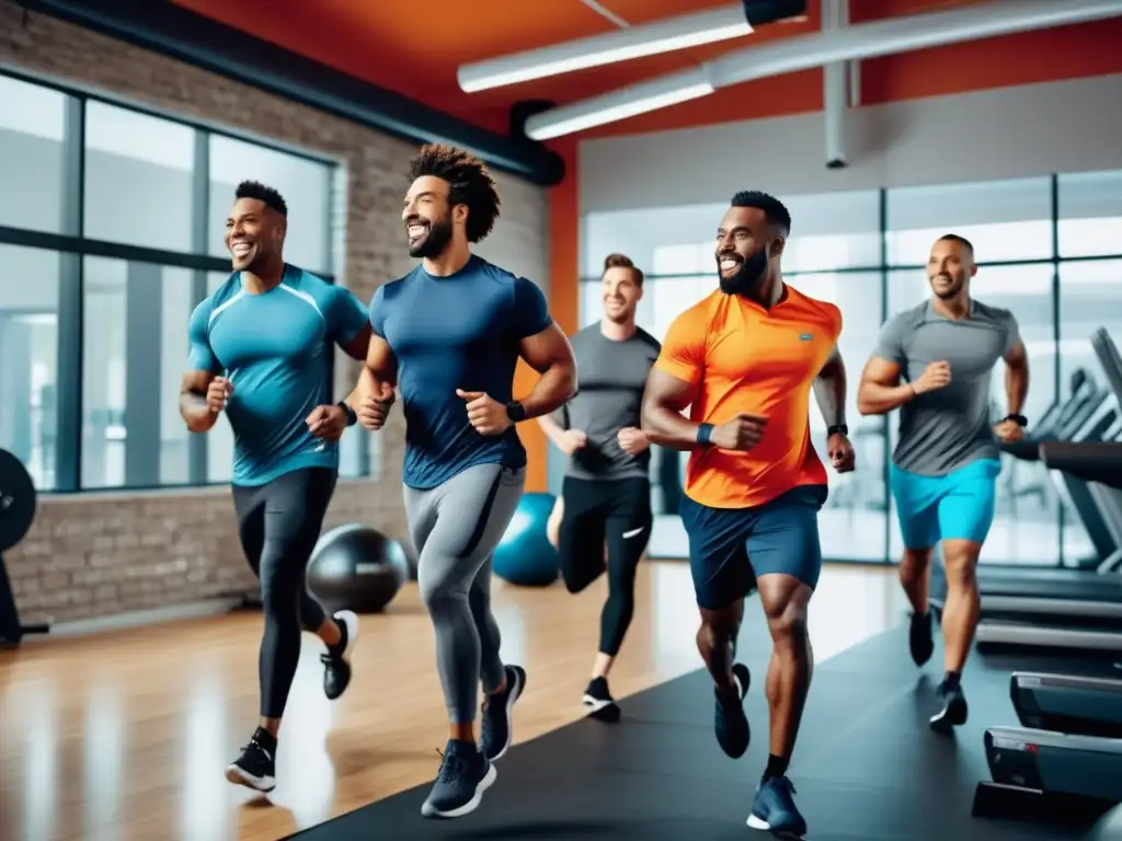 Grupo diverso de hombres en activewear disfrutando de diversas actividades físicas en un gimnasio