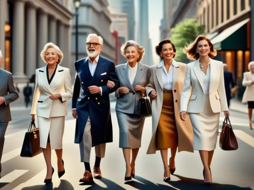 Consejos renovación estilo tercera edad: seniors elegantes pasean por ciudad moderna, fusionando estilo clásico y contemporáneo