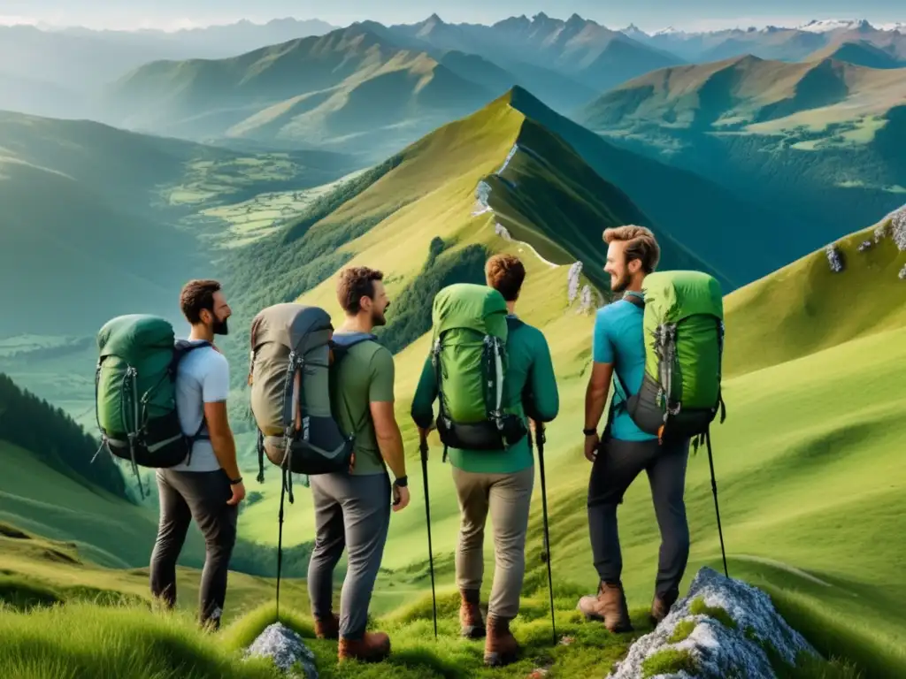 Equipo funcional para senderismo masculino en una impresionante montaña verde con hombres aventureros exudando confianza