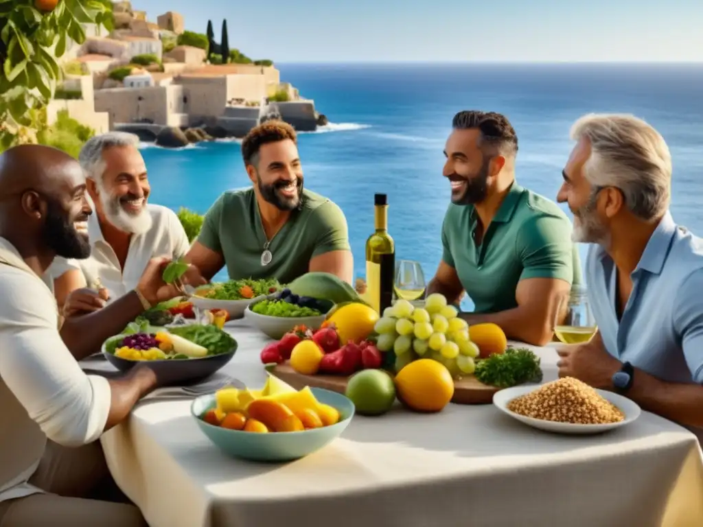 Beneficios dieta mediterránea masculina: hombres disfrutando de una comida saludable y camaradería