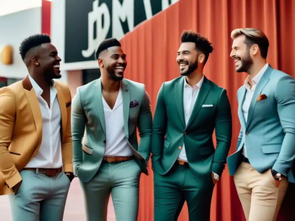 Tendencias moda masculina películas contemporáneas: Grupo de hombres estilosos, con ropa casual y relajada, riendo y charlando frente a un cine