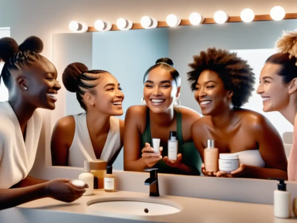 Beneficios del estilo unisex: grupo diverso disfrutando de rutina de cuidado facial con productos neutrales en baño luminoso