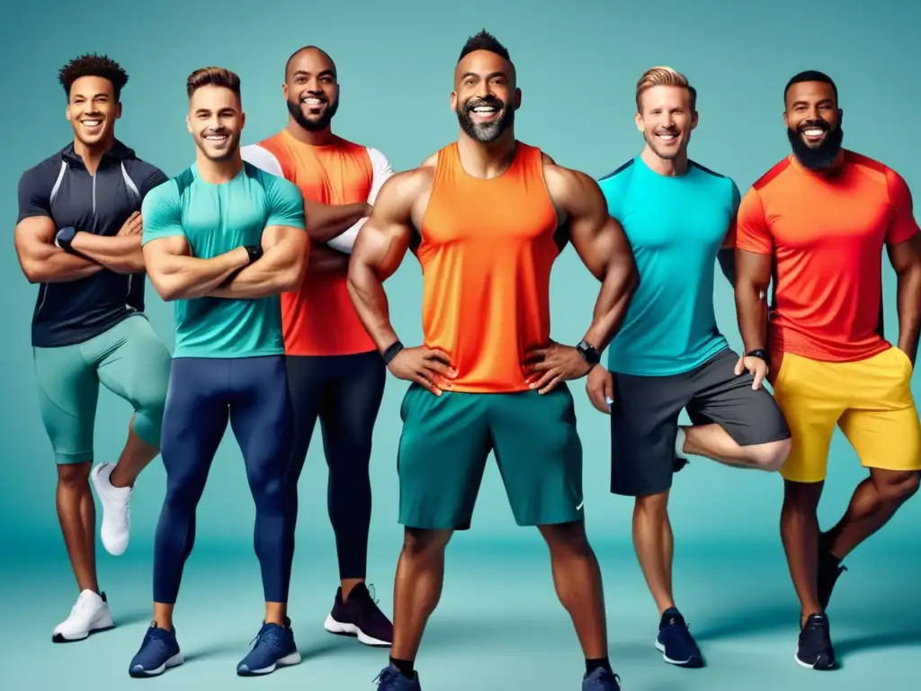 Guía de activewear para hombres: hombres activos en diferentes outfits destacando la importancia de elegir el adecuado según su tipo de cuerpo