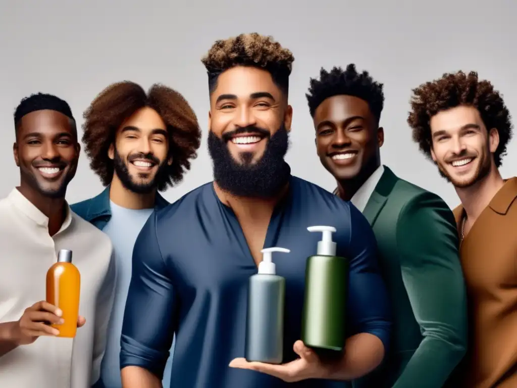 Grupo diverso de hombres con diferentes tipos de cabello, sonriendo con confianza y mostrando su cabello bien cuidado