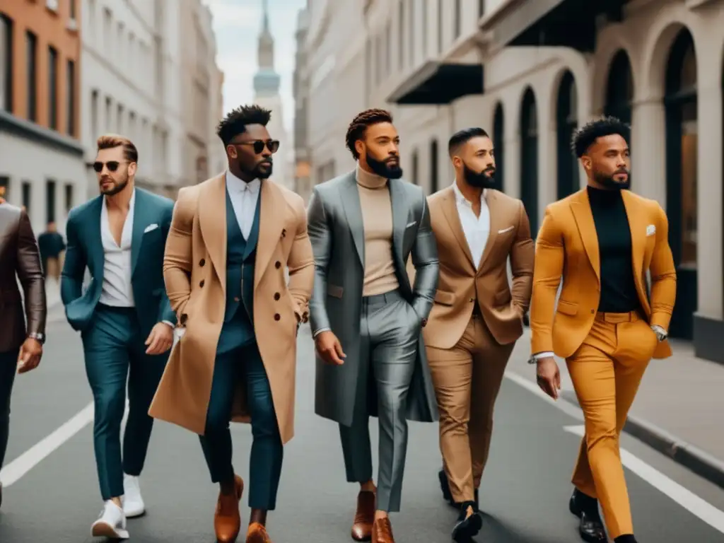 Grupo diverso de hombres elegantes caminando con confianza en una calle - Moda masculina igualdad género