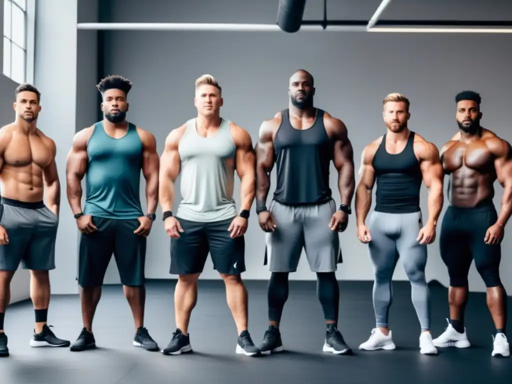 Guía de activewear para hombres: diversos hombres con diferentes tipos de cuerpo en un gimnasio, luciendo activewear que se adapta a cada figura