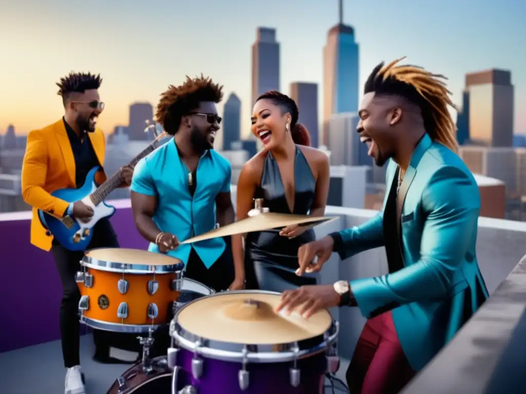 Un grupo diverso de músicos en una azotea de la ciudad, mostrando su estilo único