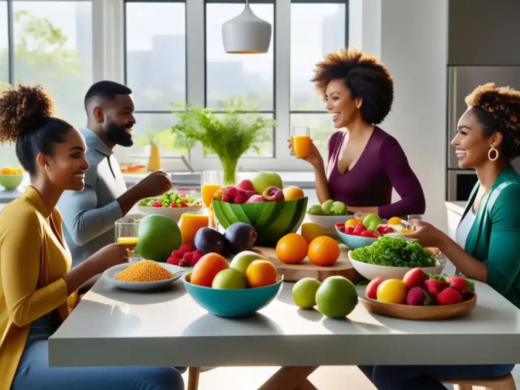 Importancia nutrición salud mental: Gente diversa disfrutando hábitos saludables en una cocina moderna