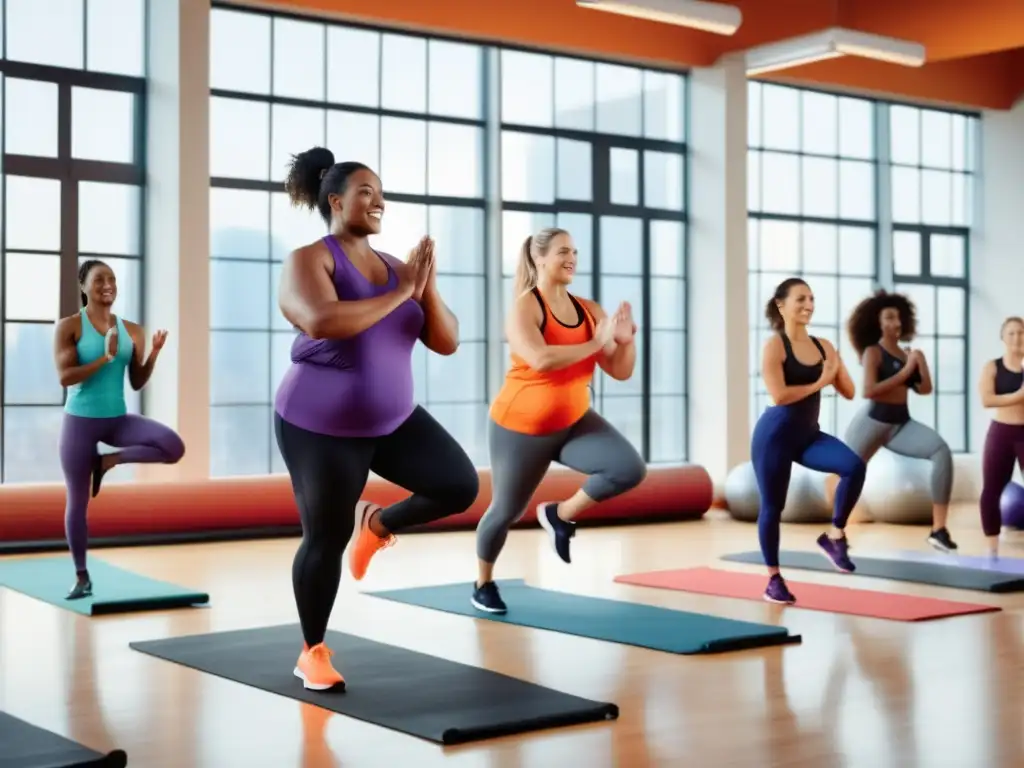 Grupo diverso realizando actividades físicas, representando diferentes tipos de cuerpo