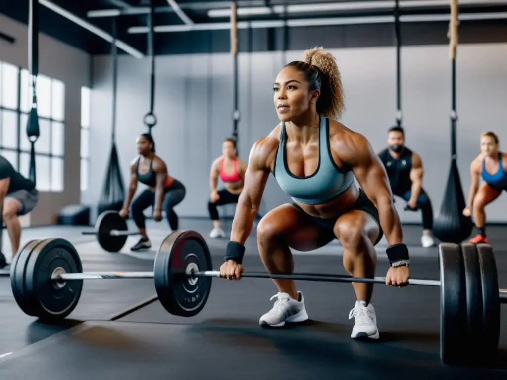 Grupo diverso disfrutando de un intenso entrenamiento de CrossFit en un gimnasio moderno y equipado - Beneficios del crossfit para hombres