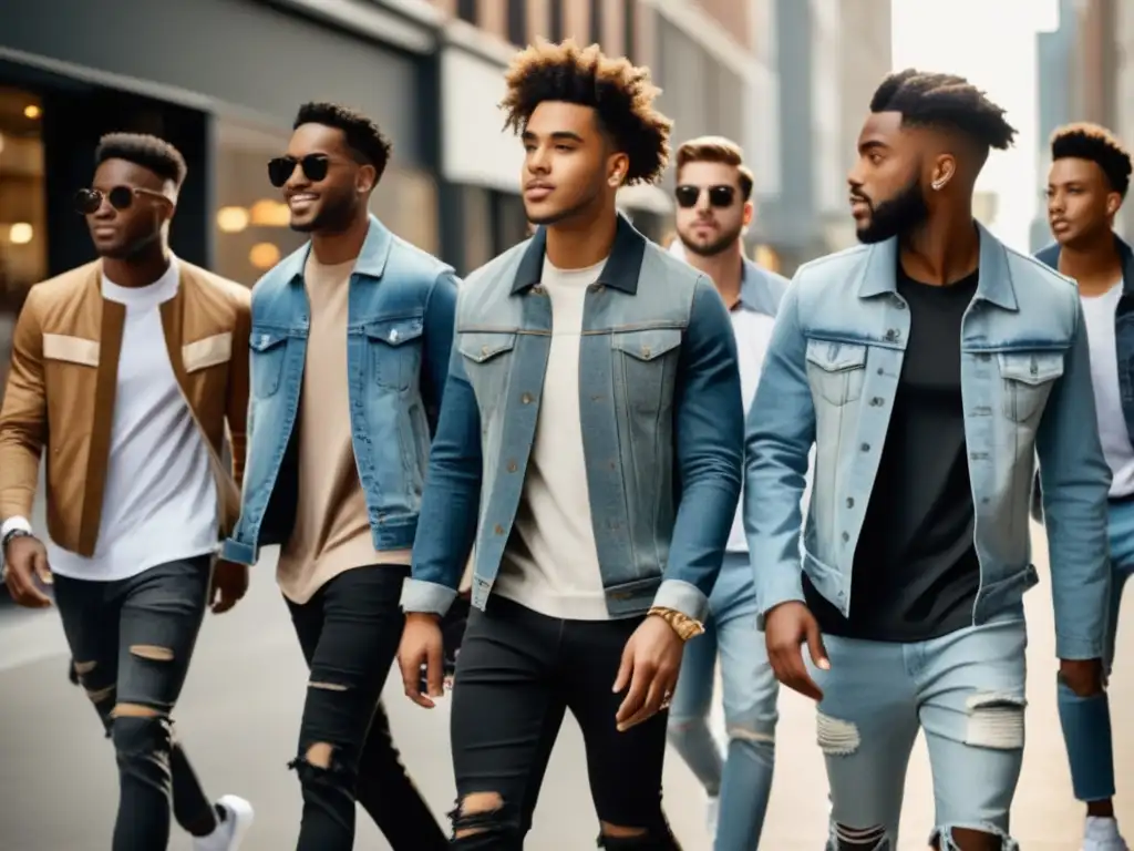 Moda masculina millennial: hombres estilosos caminando por la ciudad con confianza, vistiendo combinación de streetwear y prendas más formales