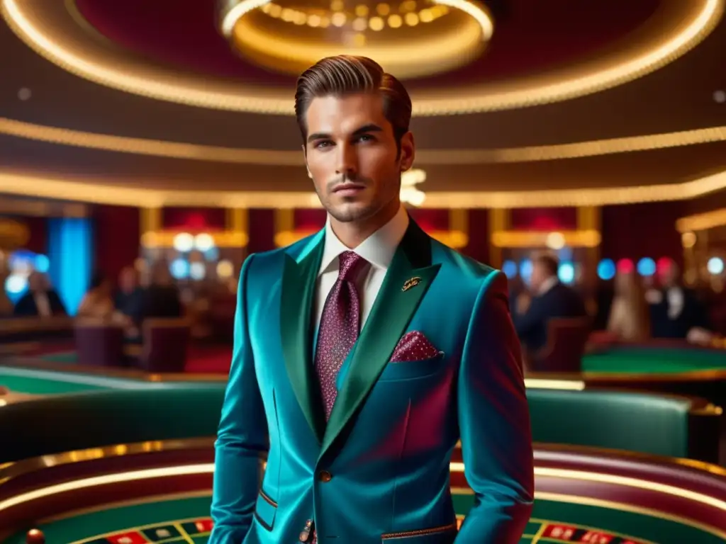 Modelo masculino elegante en traje Gucci en casino lujoso - Gucci tendencias moda masculina