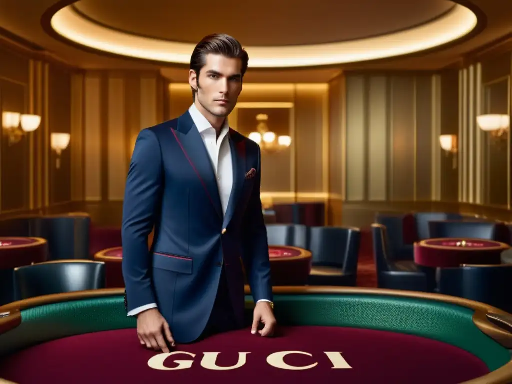 Modelo masculino elegante con traje Gucci en casino lujoso - Gucci tendencias moda masculina