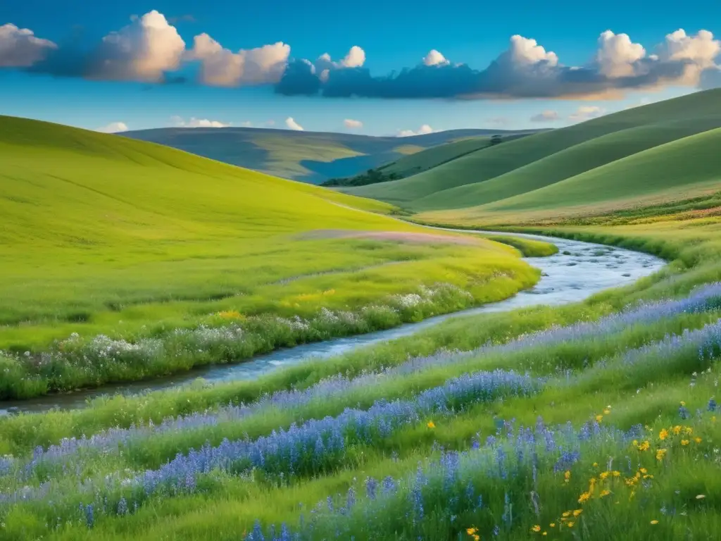 Hermoso campo verde con flores silvestres, arroyo cristalino y cielo azul, representa moda consciente y protección ambiental