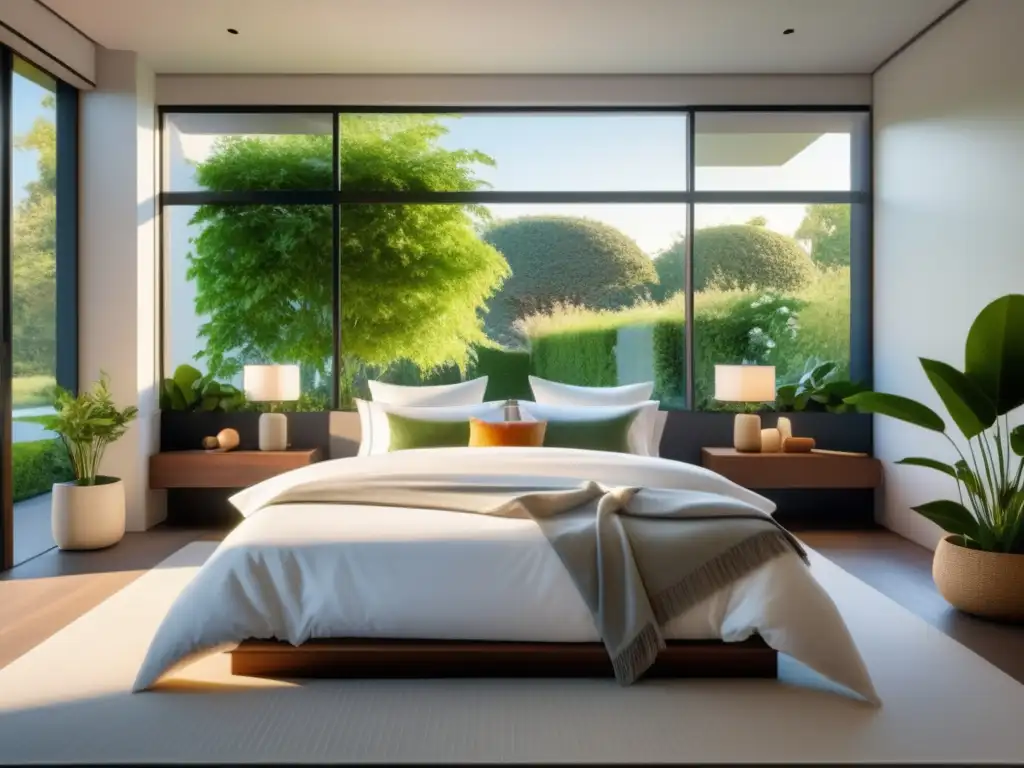 Dormir bien mejora la apariencia - Habitación serena con cama moderna, vista al jardín y decoración minimalista