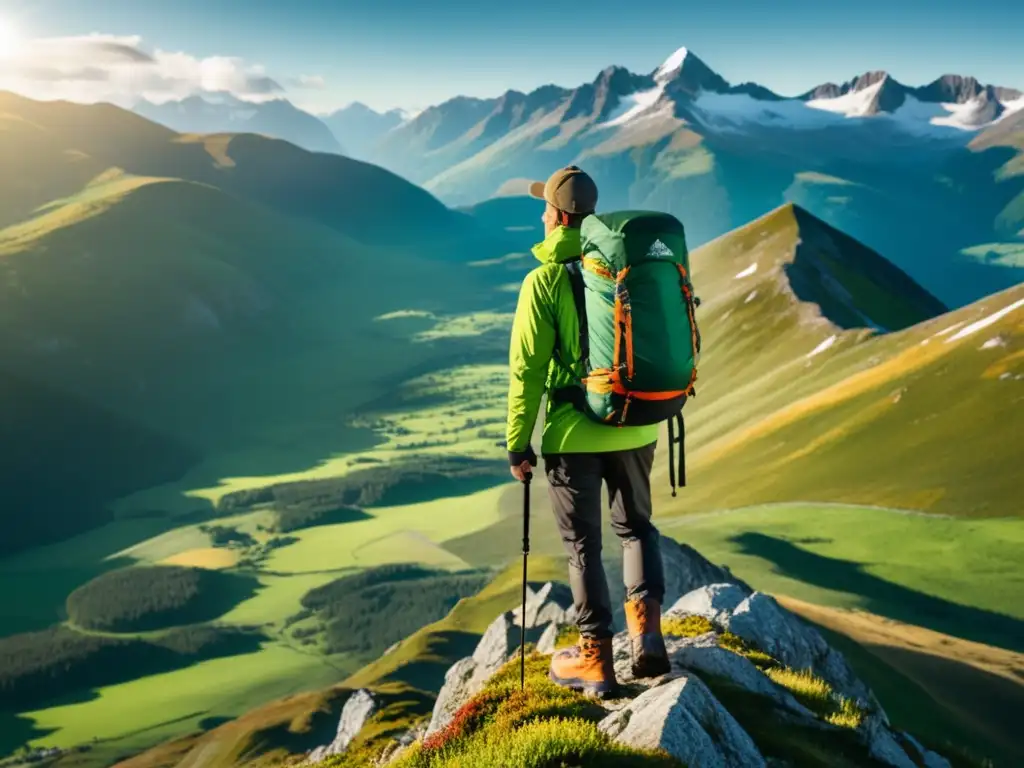 Hiker en montaña con vista panorámica verde y nieve, equipo funcional para senderismo masculino