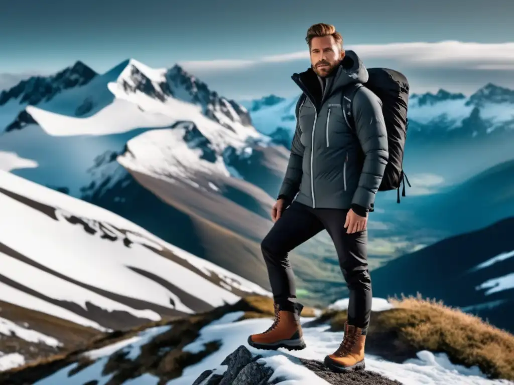 Ropa de montaña para hombres elegantes - Hiker en la cima de la montaña con paisajes nevados