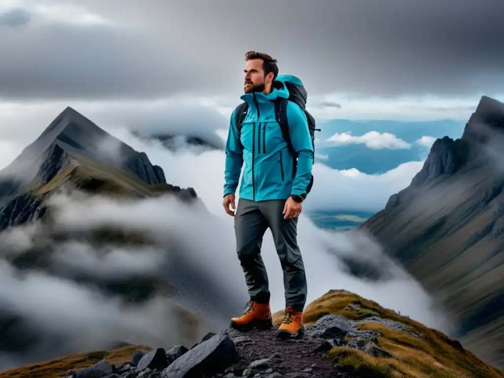 Ventajas ropa técnica masculina: Hombre en cumbre montañosa con outfit moderno, práctico y resistente, resaltando diseño, comodidad y protección