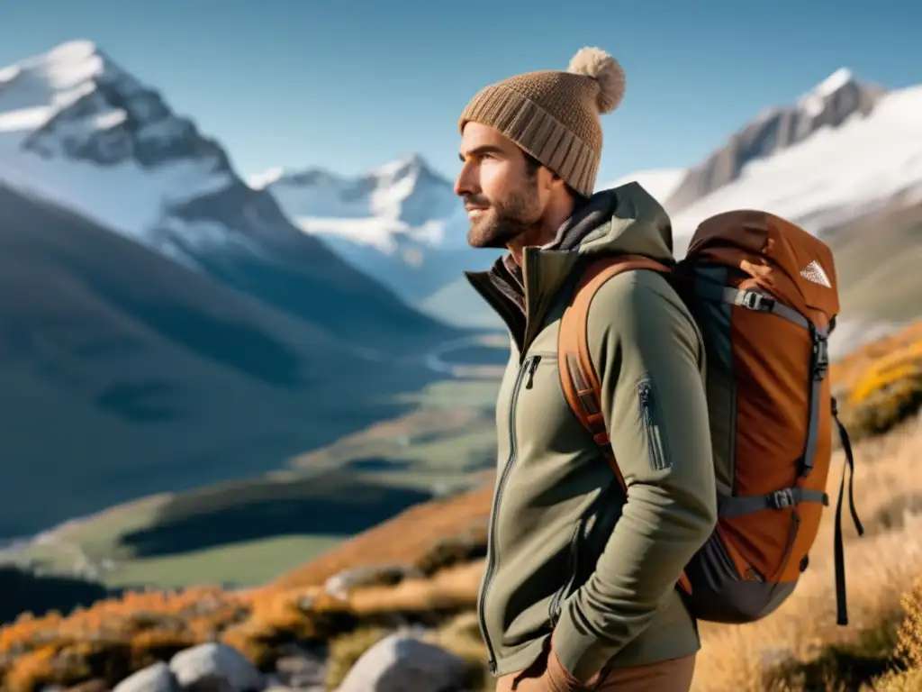 Hiker en paisaje montañoso Hombre en ropa de montaña: escapada con estilo a la naturaleza