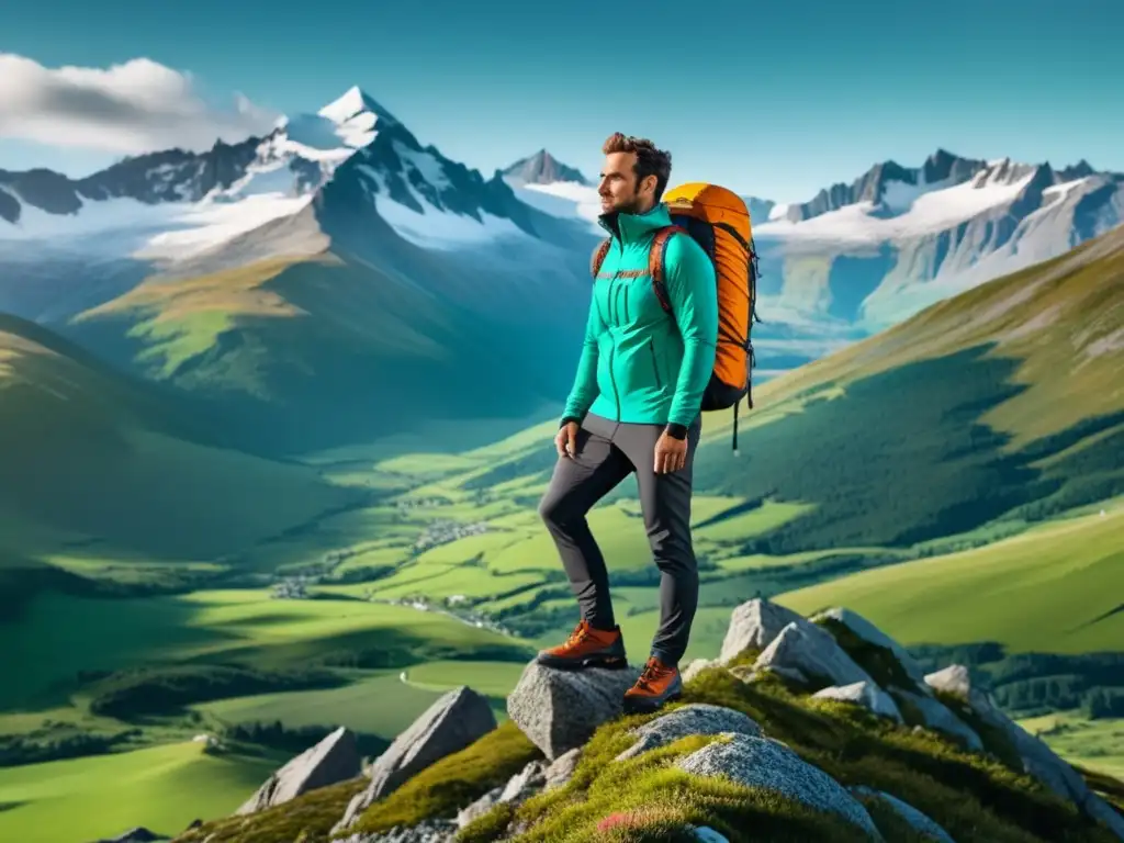 Hiker en montaña con outfit moderno Ropa masculina para escapada montaña: Hombre estilizado en pico montañoso, rodeado de vistas panorámicas de picos nevados y valles verdes