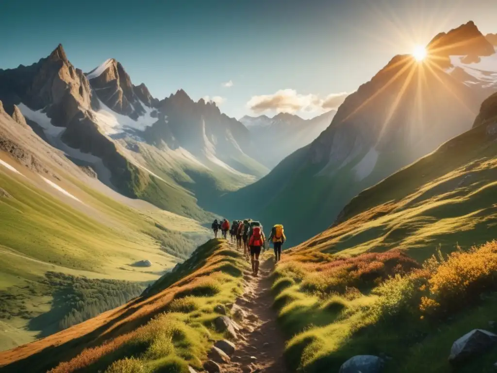 Grupo de senderistas en majestuoso paisaje montañoso, encarnando el espíritu de aventura